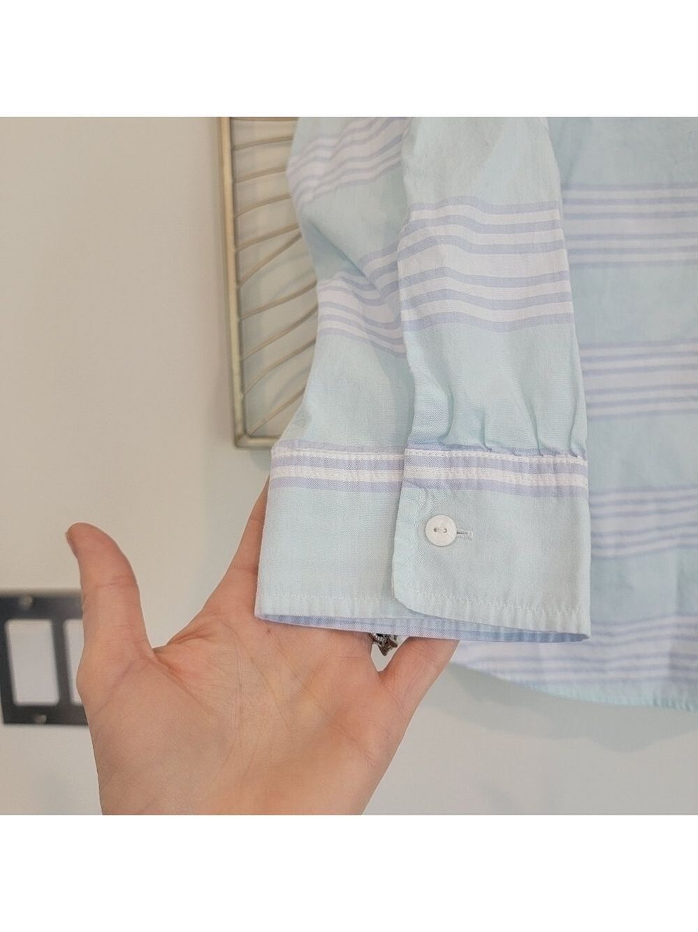 L.L. Bean Cotton Mint Green Light Blue Striped Button Down Shirt Size Large - Picture 6 of 11